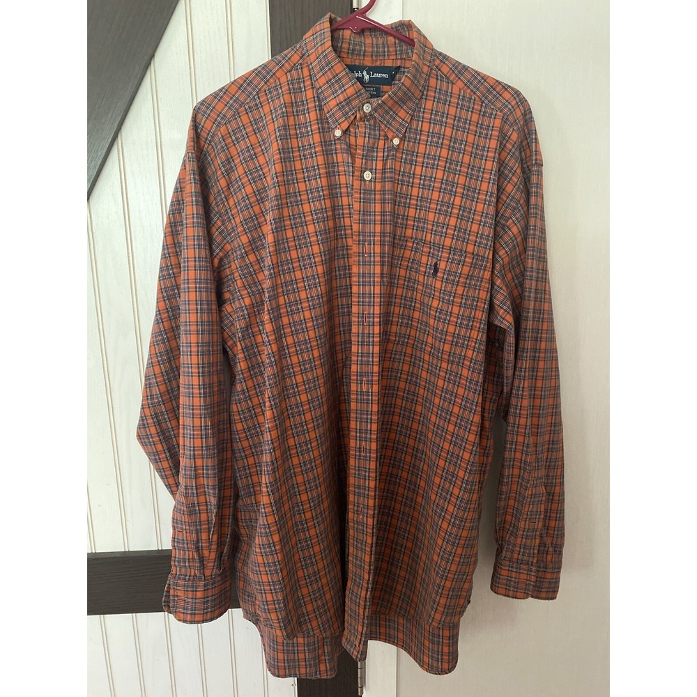 Ralph Lauren Shirt Mens Large Orange & Blue Plaid 100% Cotton Stretch Colorful